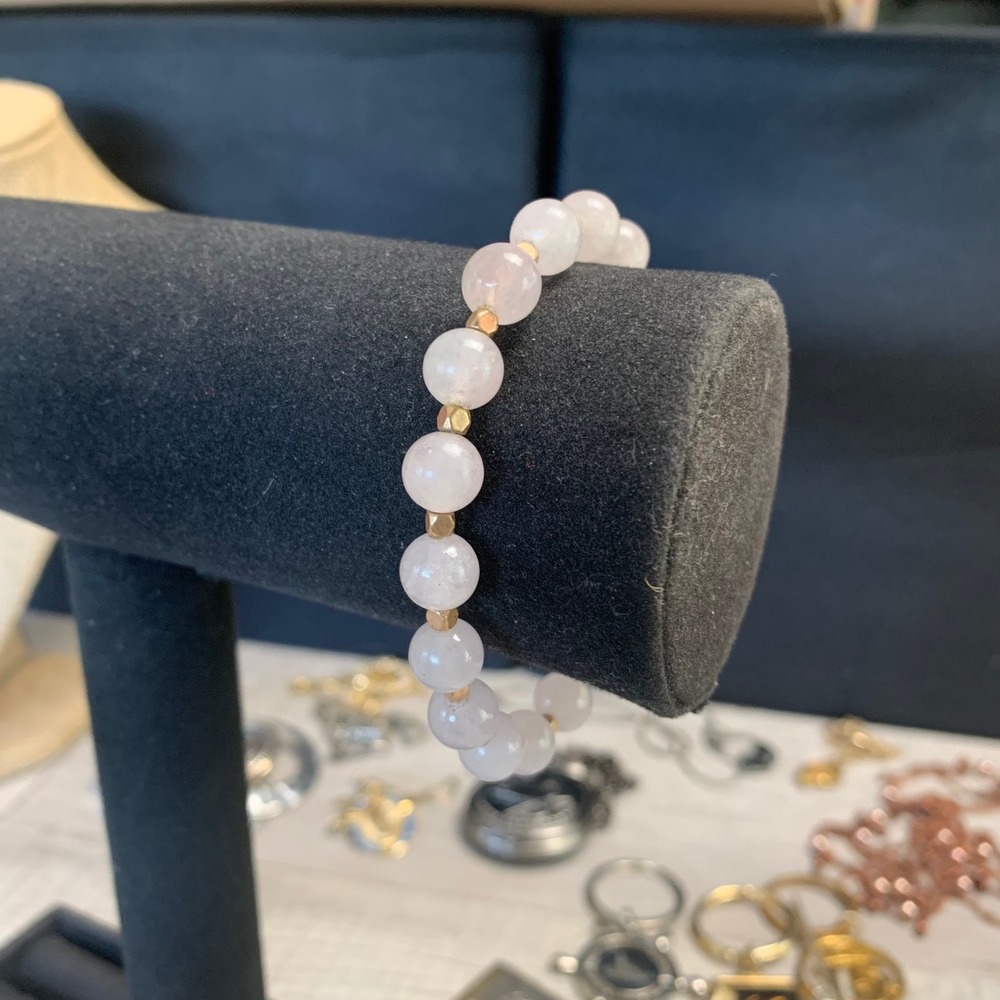Pink Rose Quartz Beaded Stretch Bracelet Gold Tone Spacers 7.5 Inch